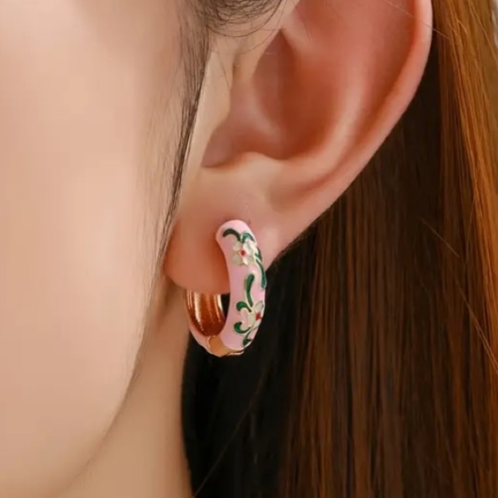 White Flower Pink Enamel Gold Toned Hoop Earrings - Picture 3 of 6